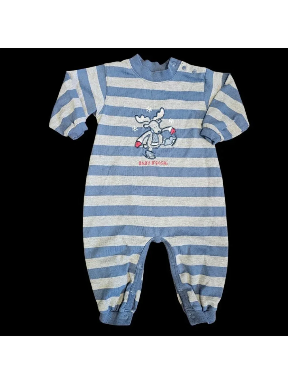 VTG Baby Bgosh Romper Sz 18 Months Boys Striped Moose Snowflake Blue Gray